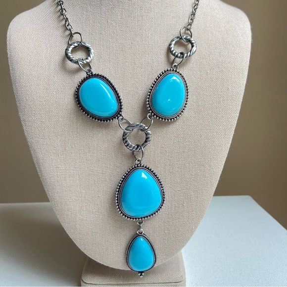 Charming Charlie Jewelry - Charming Charlie Y-drop statement necklace, faux turquoise gems silvertone chain